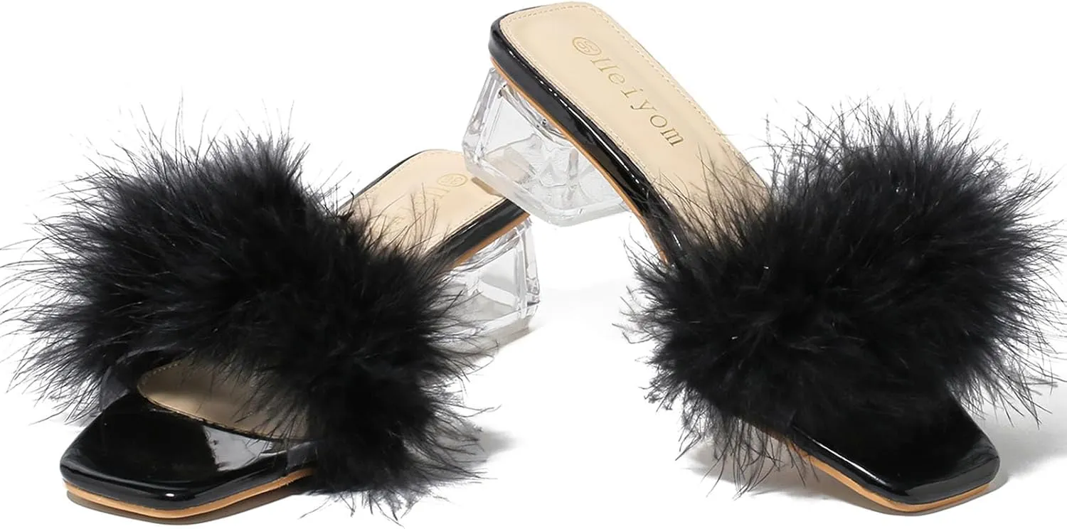 Women's Square Toe Heeled Sandals Low Block Chunky Heels Clear Mules Fluffy Feather Slip on Wedding Bridal Party Dress Shoes