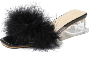 Women's Square Toe Heeled Sandals Low Block Chunky Heels Clear Mules Fluffy Feather Slip on Wedding Bridal Party Dress Shoes