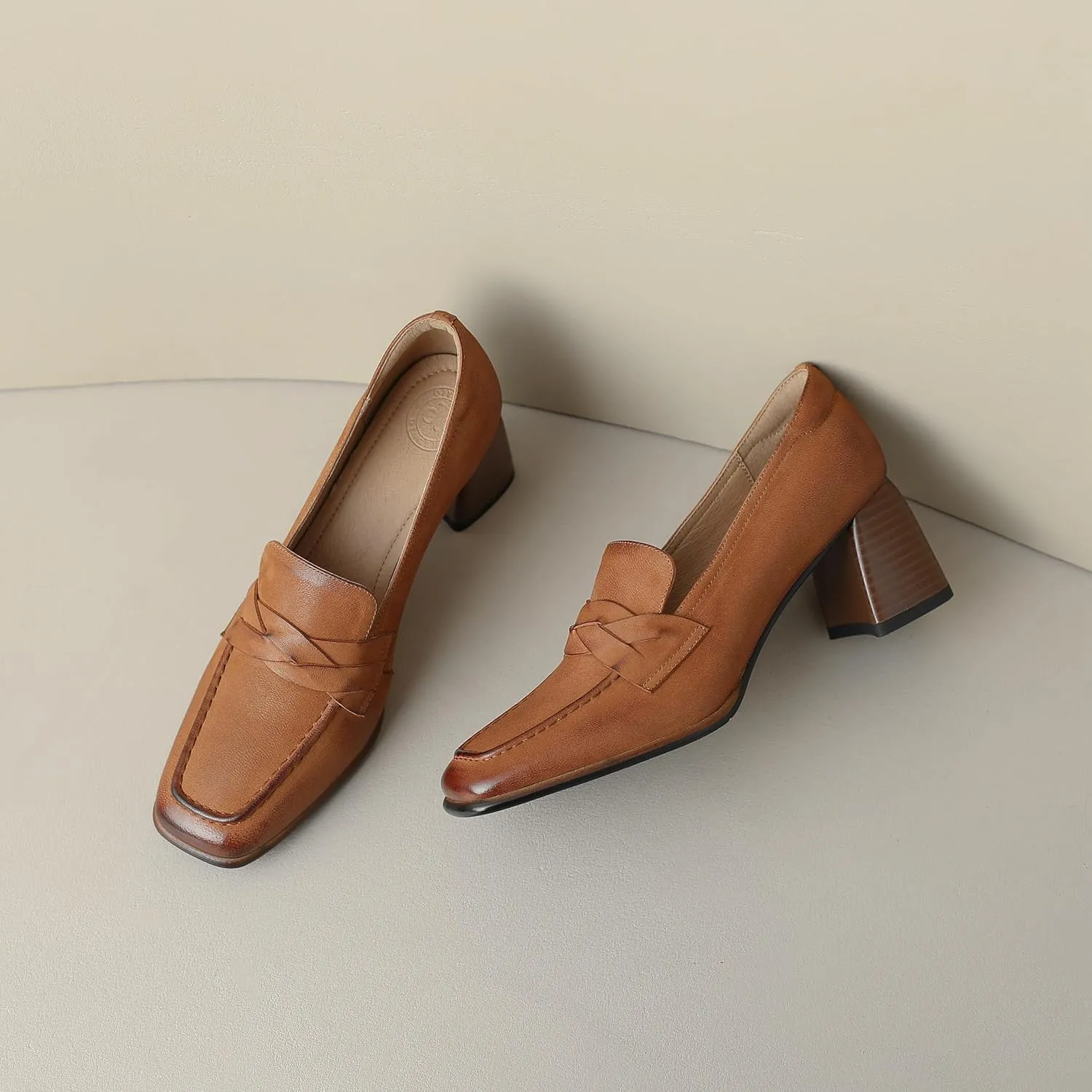 Women's Square Toe Pumps Shoes Genuine Leather Handmade Slip on Retro Loafers Shoes Block Mid Chunky Heels Basic Classic Office Shoes for Ladies