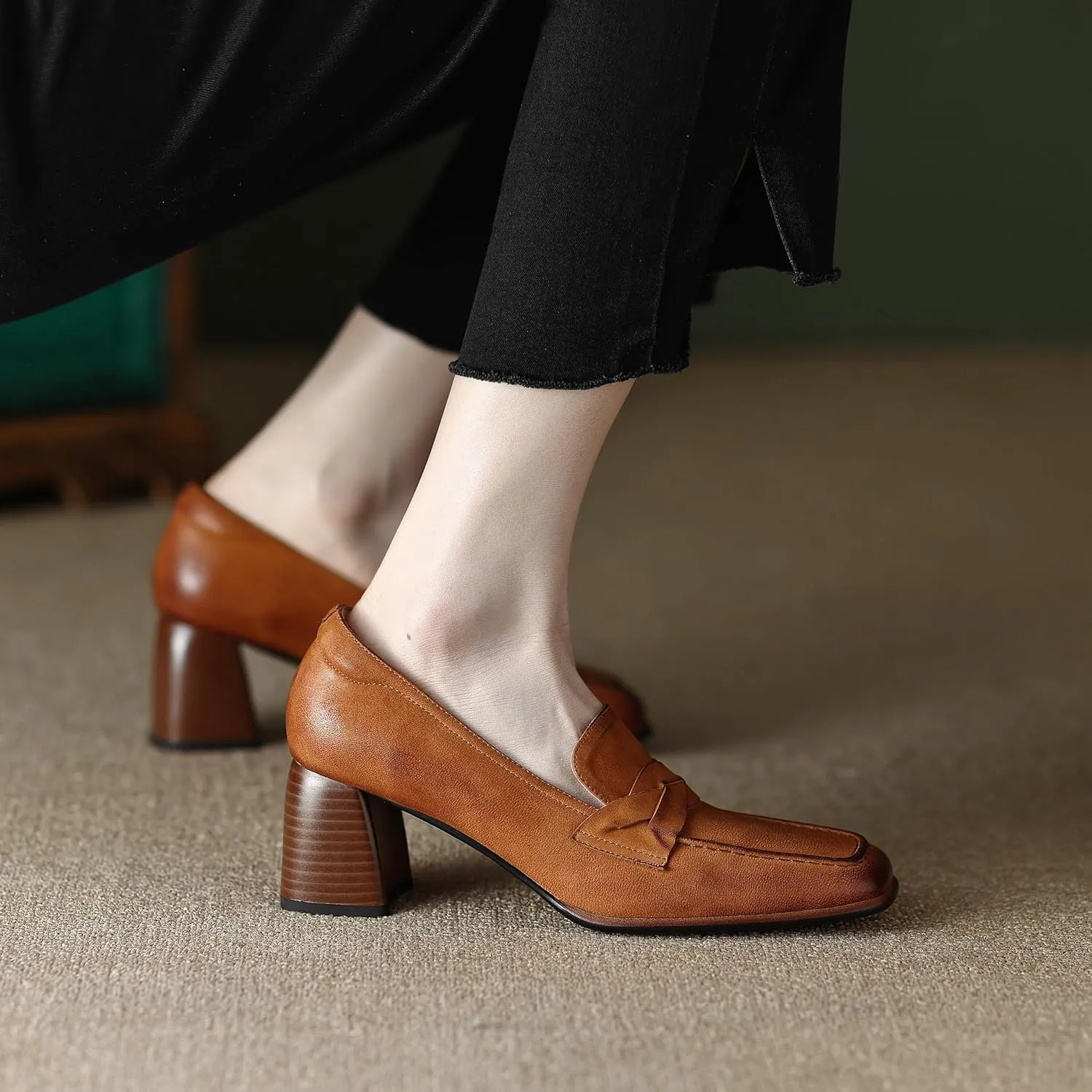 Women's Square Toe Pumps Shoes Genuine Leather Handmade Slip on Retro Loafers Shoes Block Mid Chunky Heels Basic Classic Office Shoes for Ladies