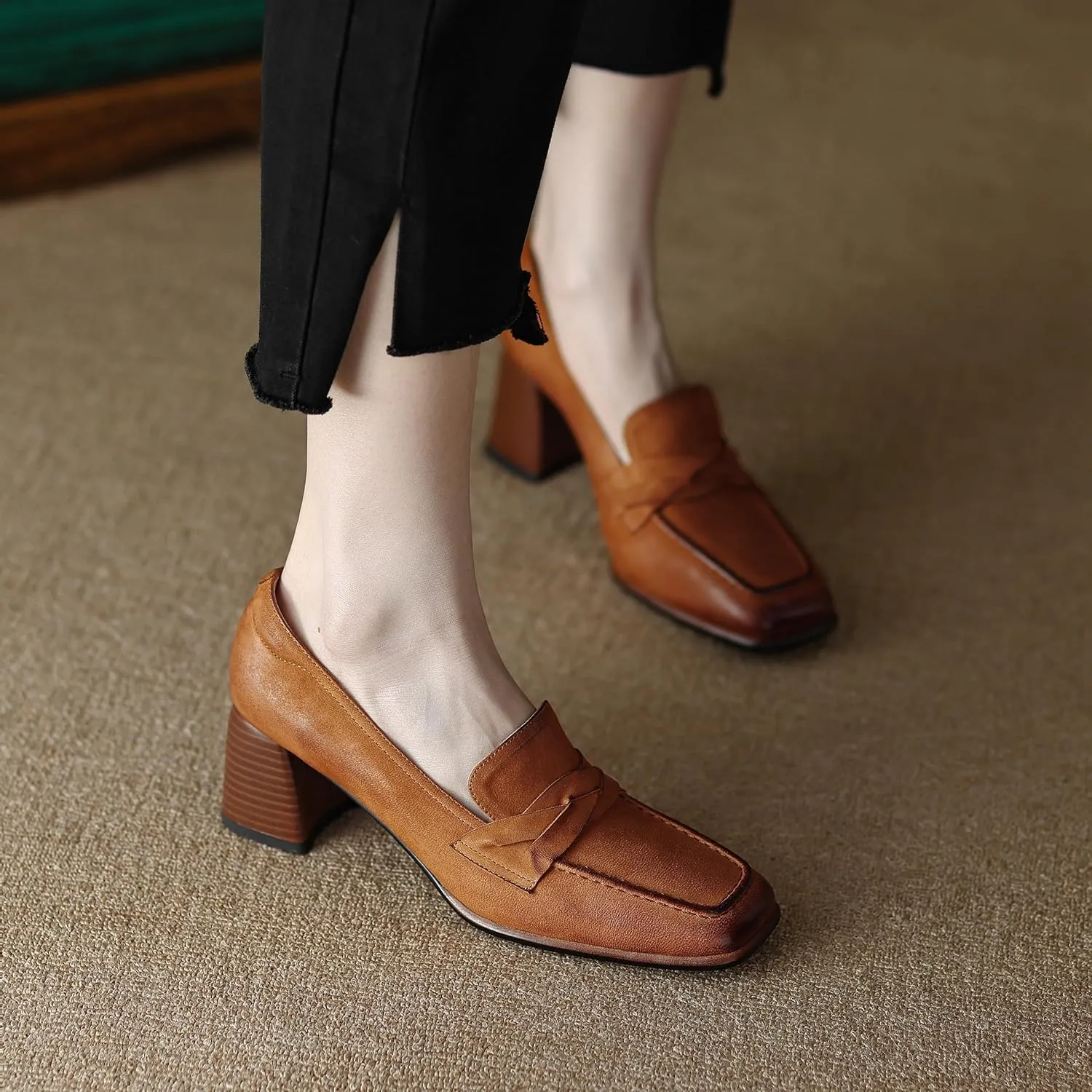 Women's Square Toe Pumps Shoes Genuine Leather Handmade Slip on Retro Loafers Shoes Block Mid Chunky Heels Basic Classic Office Shoes for Ladies