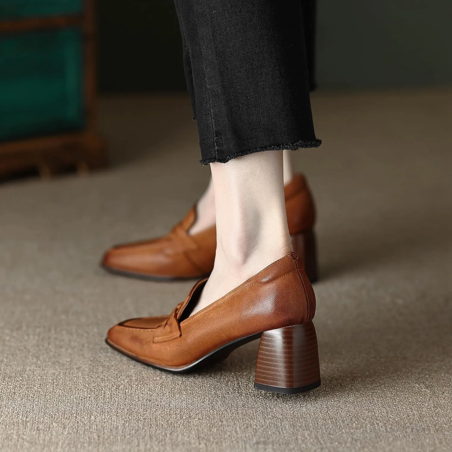 Women's Square Toe Pumps Shoes Genuine Leather Handmade Slip on Retro Loafers Shoes Block Mid Chunky Heels Basic Classic Office Shoes for Ladies