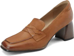 Women's Square Toe Pumps Shoes Genuine Leather Handmade Slip on Retro Loafers Shoes Block Mid Chunky Heels Basic Classic Office Shoes for Ladies