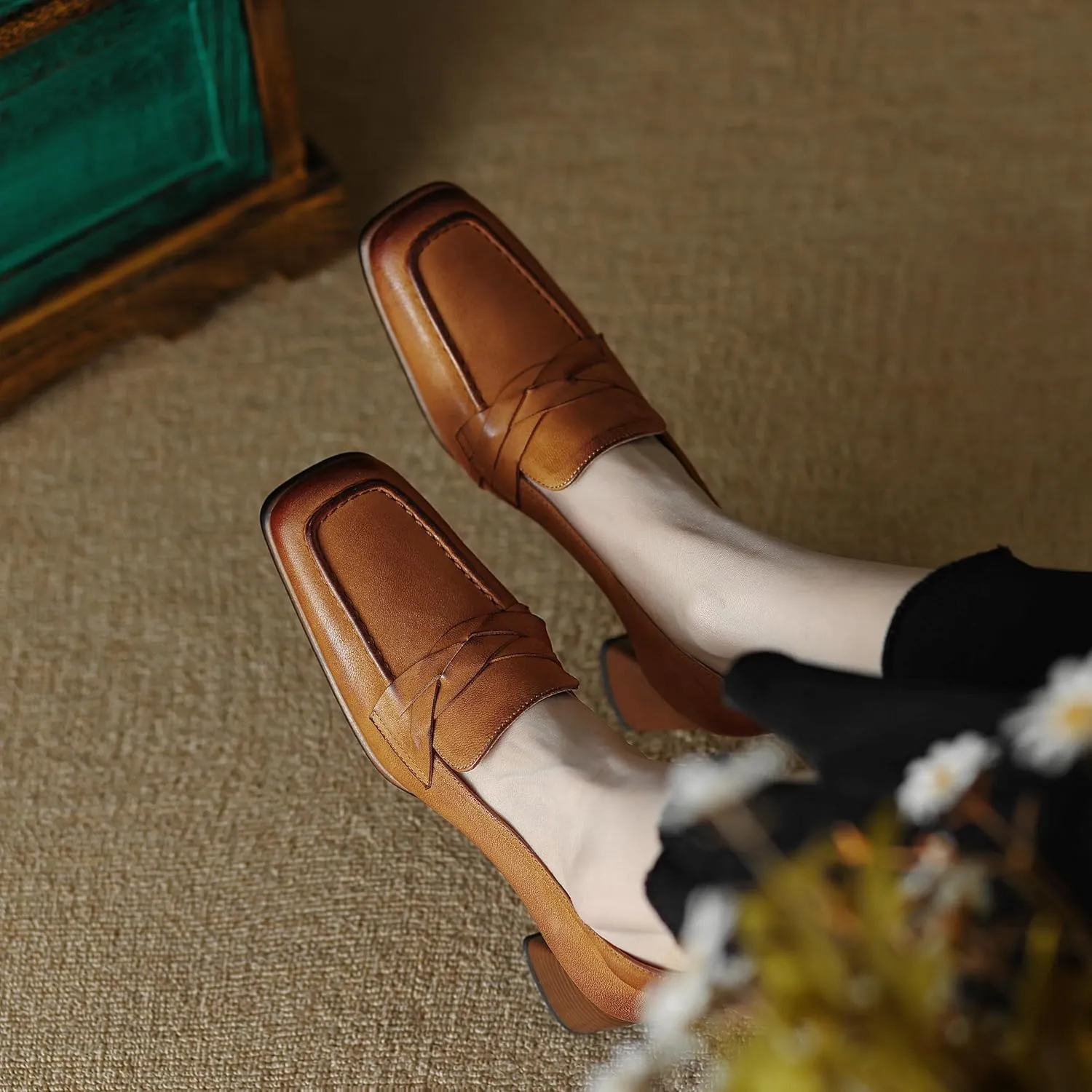 Women's Square Toe Pumps Shoes Genuine Leather Handmade Slip on Retro Loafers Shoes Block Mid Chunky Heels Basic Classic Office Shoes for Ladies