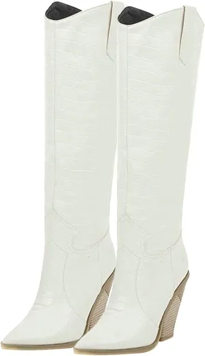 Womens Stacked Chunky Heel Cowgirl Knee High Pointed Toe Cowboy Boots(White,US Size 9.5)