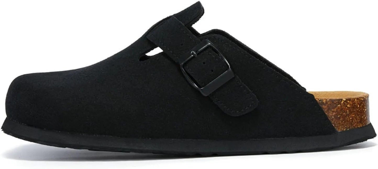 Women's Suede Clogs Leather Mules Cork Footbed Sandals Potato Shoes with Arch Support Unisex Antislip Sole Slippers