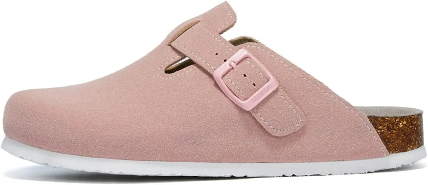 Women's Suede Clogs Leather Mules Cork Footbed Sandals Potato Shoes with Arch Support Unisex Antislip Sole Slippers