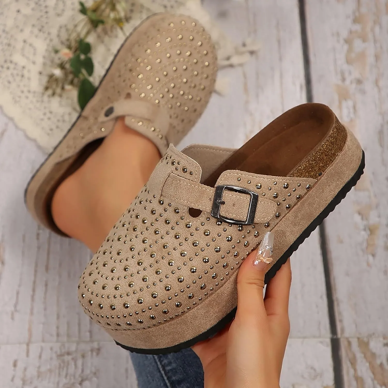 Women's Suede Clogs Leather Mules Cork Footbed Sandals Shoes With Arch Support Slippers Rhinestone Womens Soccer Sandals