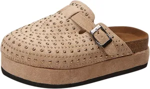 Women's Suede Clogs Leather Mules Cork Footbed Sandals Shoes With Arch Support Slippers Rhinestone Womens Soccer Sandals
