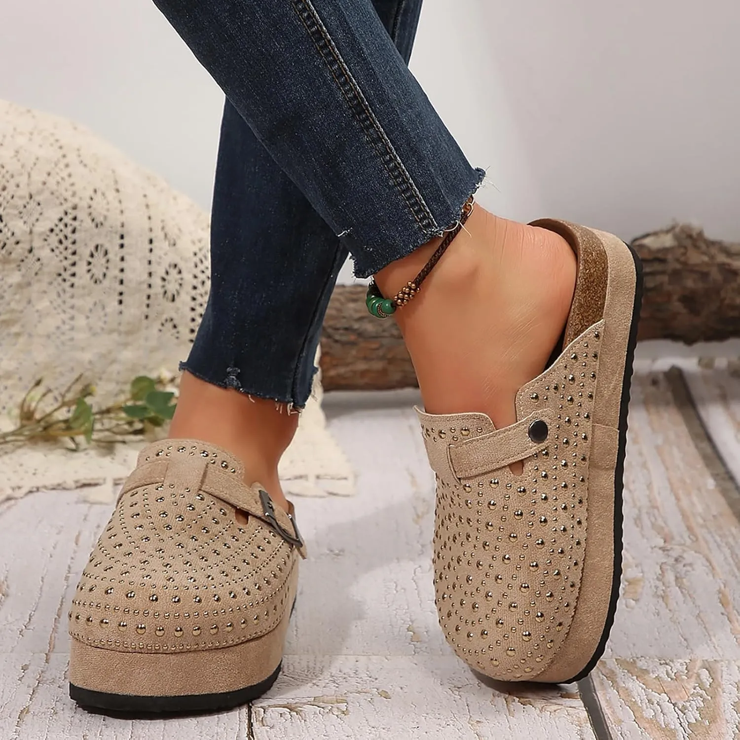 Women's Suede Clogs Leather Mules Cork Footbed Sandals Shoes With Arch Support Slippers Rhinestone Womens Soccer Sandals