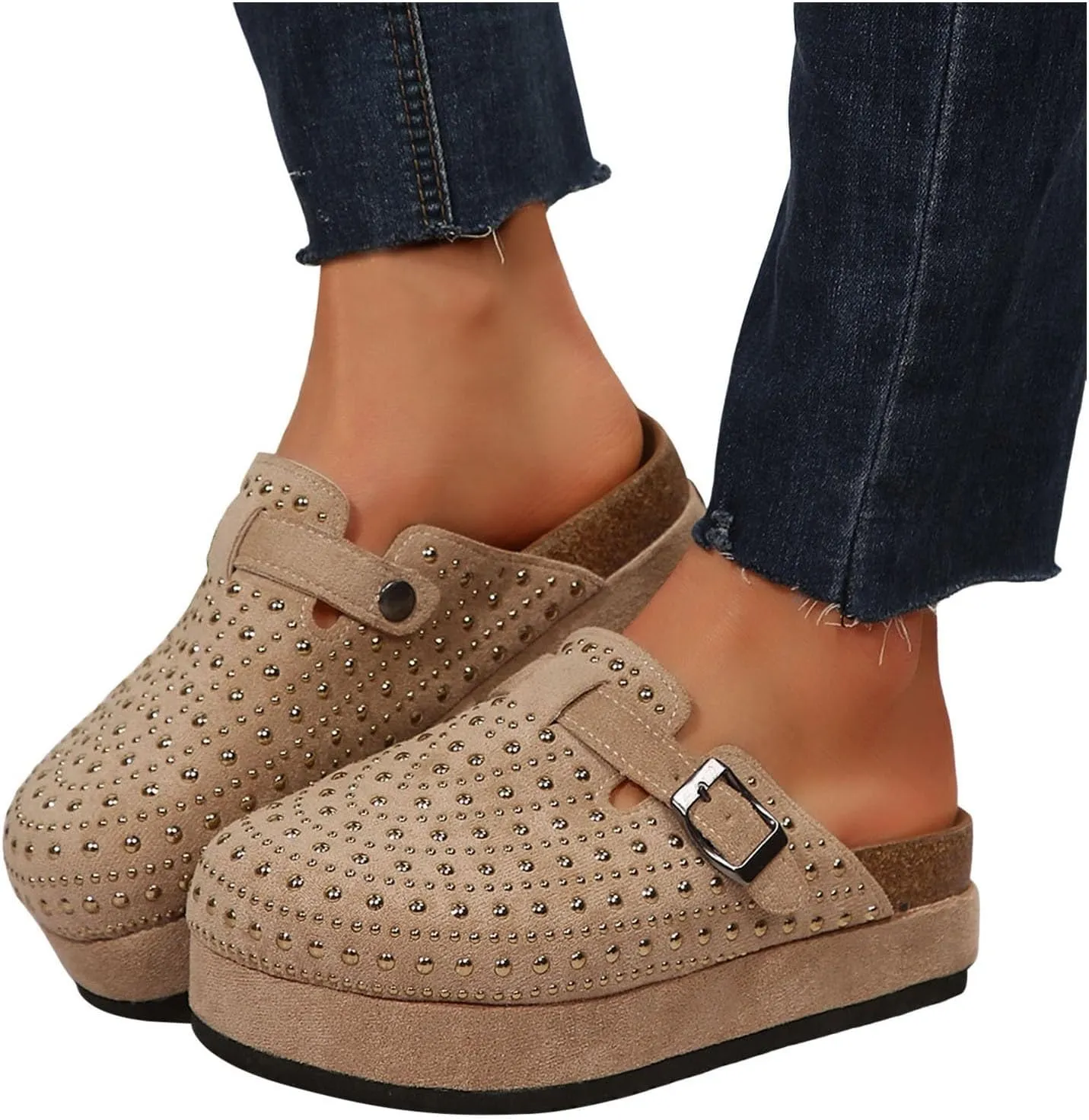 Women's Suede Clogs Leather Mules Cork Footbed Sandals Shoes With Arch Support Slippers Rhinestone Womens Soccer Sandals
