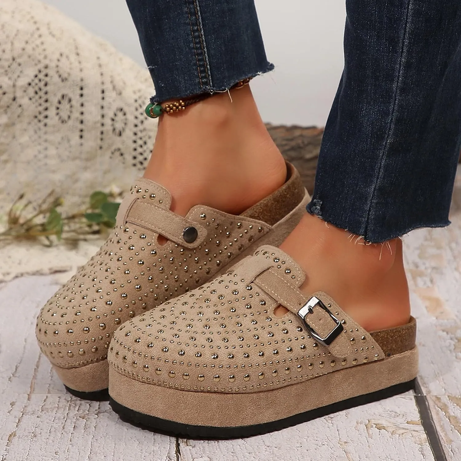 Women's Suede Clogs Leather Mules Cork Footbed Sandals Shoes With Arch Support Slippers Rhinestone Womens Soccer Sandals