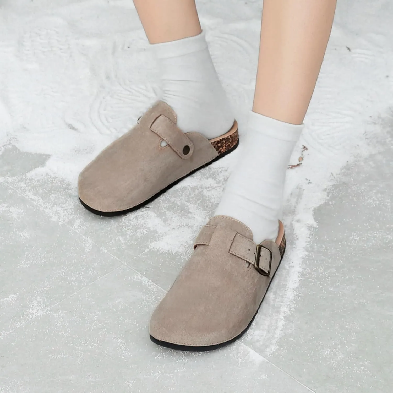 Women's Suede Clogs Mens Leather Mules Comfort Cork Footbed Antislip House Sandals Arch Support Potato Shoes with Adjustable Buckle