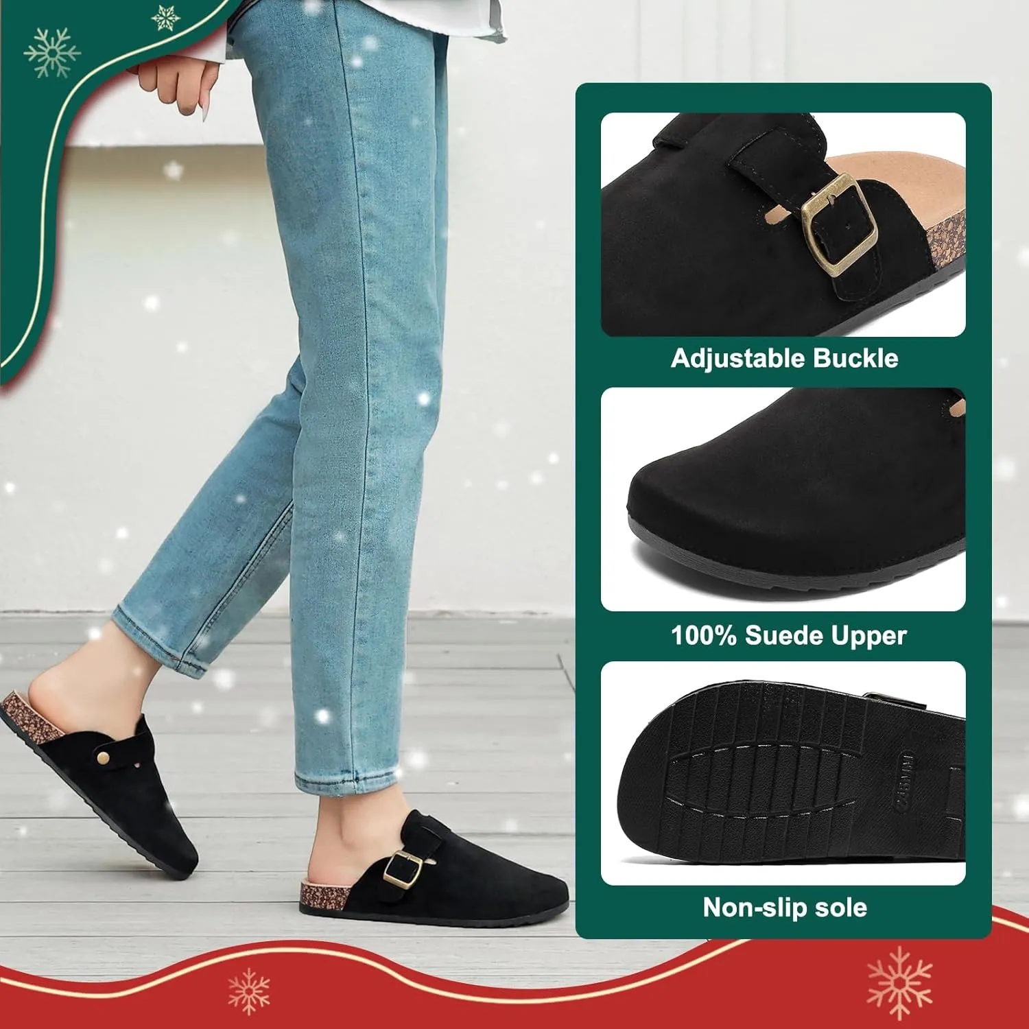 Women's Suede Clogs Mens Leather Mules Comfort Cork Footbed Antislip House Sandals Arch Support Potato Shoes with Adjustable Buckle