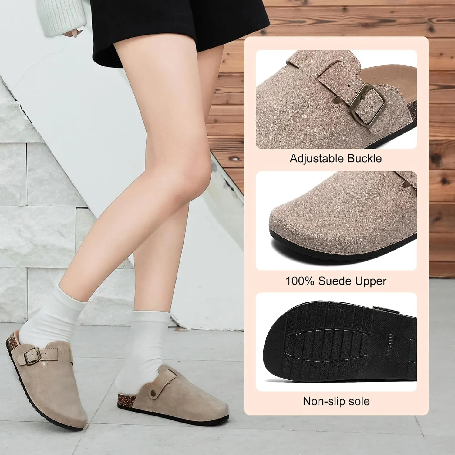 Women's Suede Clogs Mens Leather Mules Comfort Cork Footbed Antislip House Sandals Arch Support Potato Shoes with Adjustable Buckle