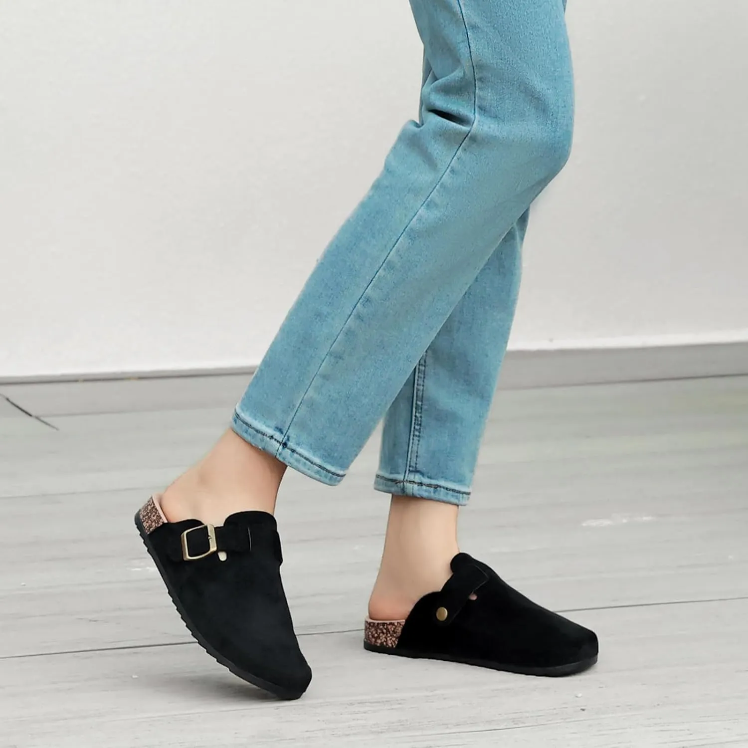 Women's Suede Clogs Mens Leather Mules Comfort Cork Footbed Antislip House Sandals Arch Support Potato Shoes with Adjustable Buckle