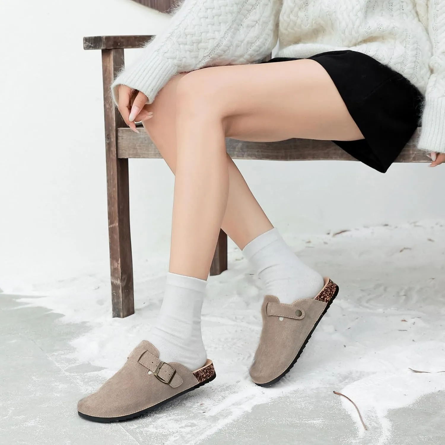 Women's Suede Clogs Mens Leather Mules Comfort Cork Footbed Antislip House Sandals Arch Support Potato Shoes with Adjustable Buckle