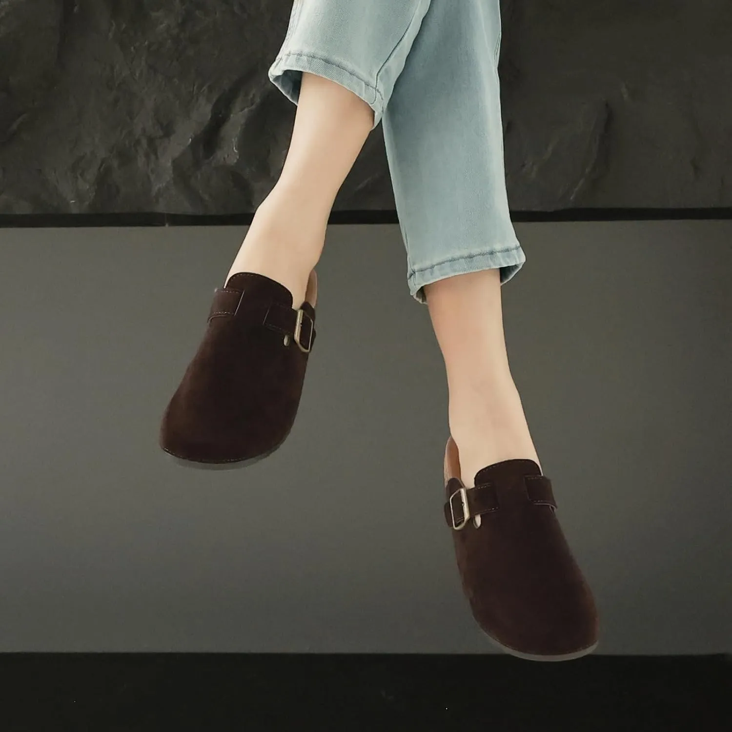 Women's Suede Clogs Mens Leather Mules Comfort Cork Footbed Antislip House Sandals Arch Support Potato Shoes with Adjustable Buckle
