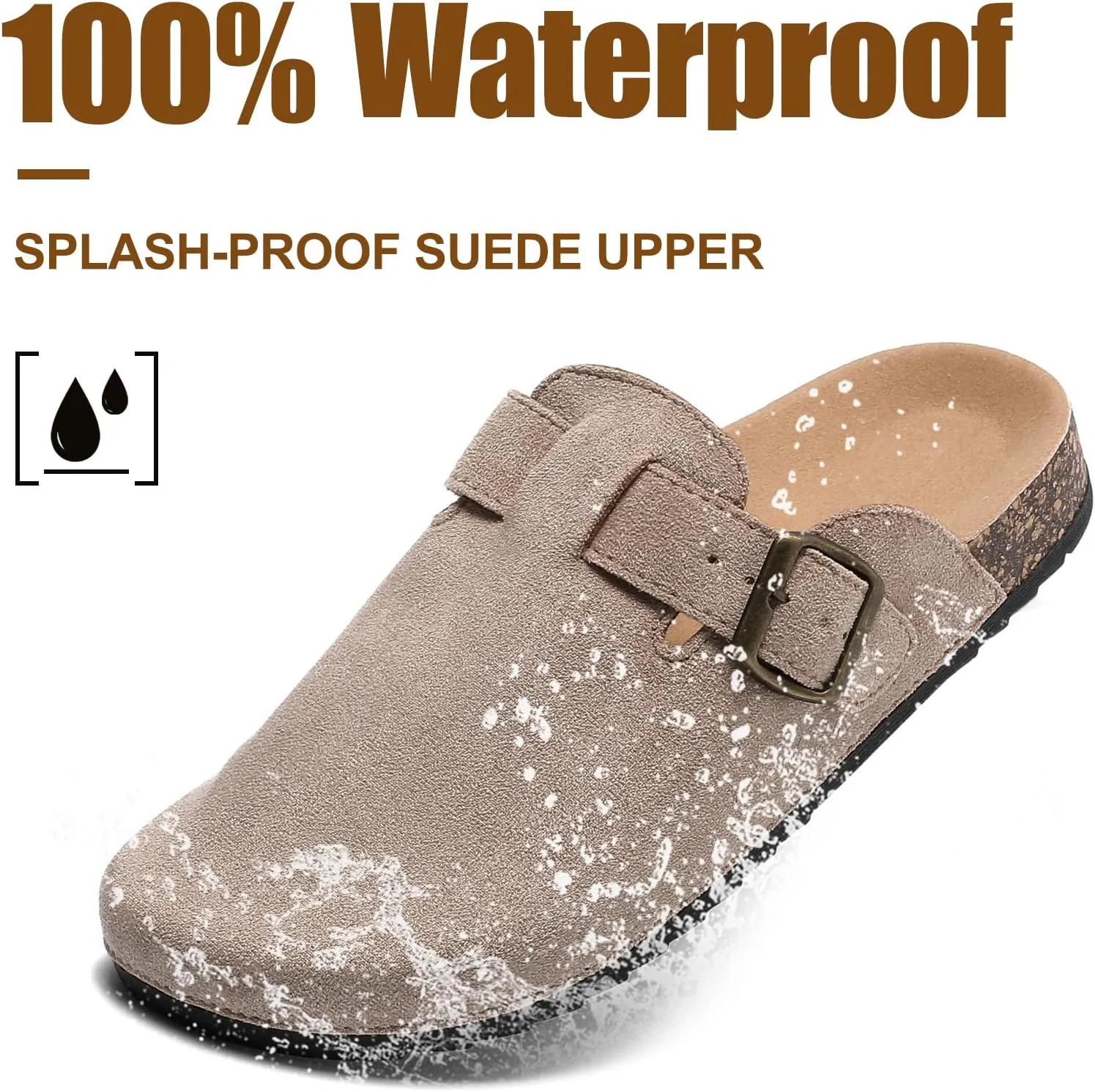 Women's Suede Clogs Mens Leather Mules Comfort Cork Footbed Antislip House Sandals Arch Support Potato Shoes with Adjustable Buckle