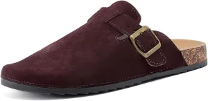 Women's Suede Clogs Mens Leather Mules Comfort Cork Footbed Antislip House Sandals Arch Support Potato Shoes with Adjustable Buckle