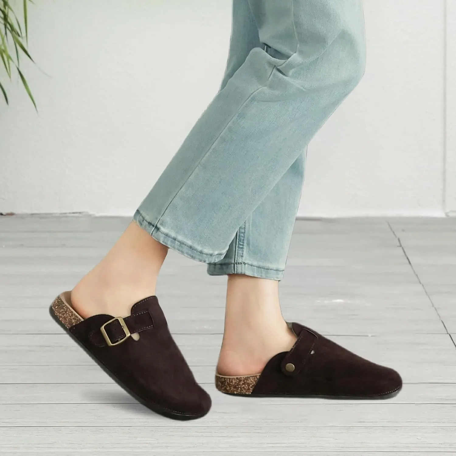 Women's Suede Clogs Mens Leather Mules Comfort Cork Footbed Antislip House Sandals Arch Support Potato Shoes with Adjustable Buckle