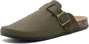 Women's Suede Clogs Mens Leather Mules Comfort Cork Footbed Antislip House Sandals Arch Support Potato Shoes with Adjustable Buckle