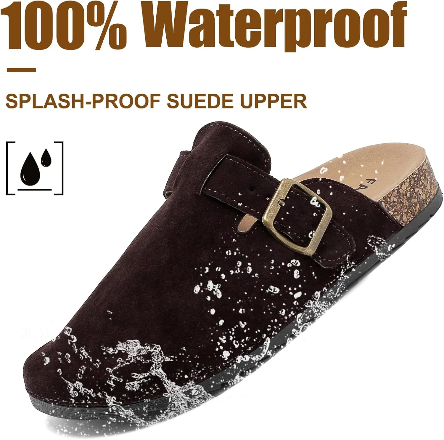 Women's Suede Clogs Mens Leather Mules Comfort Cork Footbed Antislip House Sandals Arch Support Potato Shoes with Adjustable Buckle