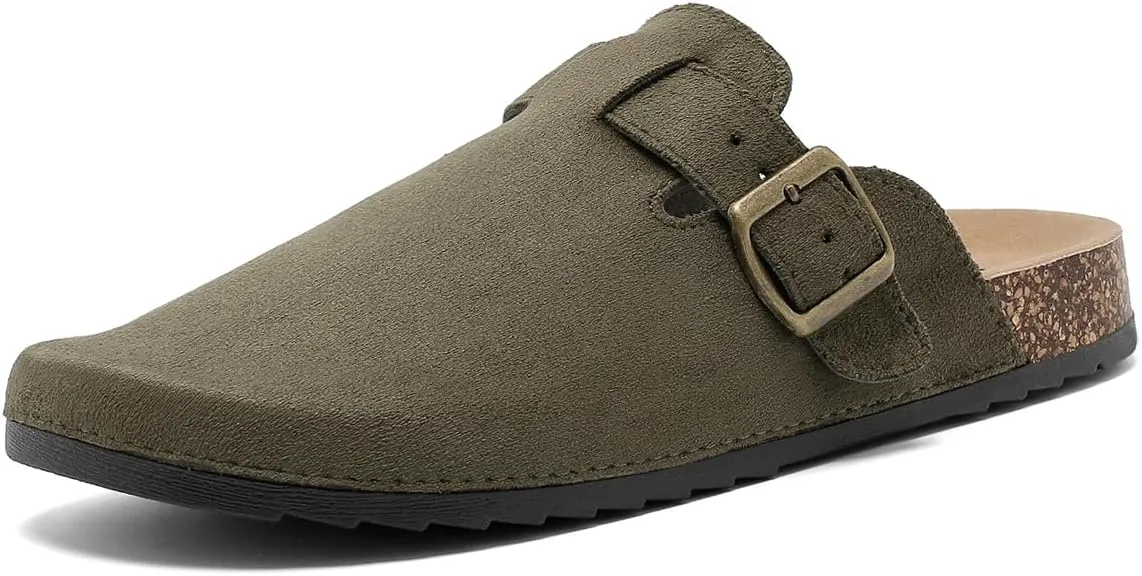 Women's Suede Clogs Mens Leather Mules Comfort Cork Footbed Antislip House Sandals Arch Support Potato Shoes with Adjustable Buckle