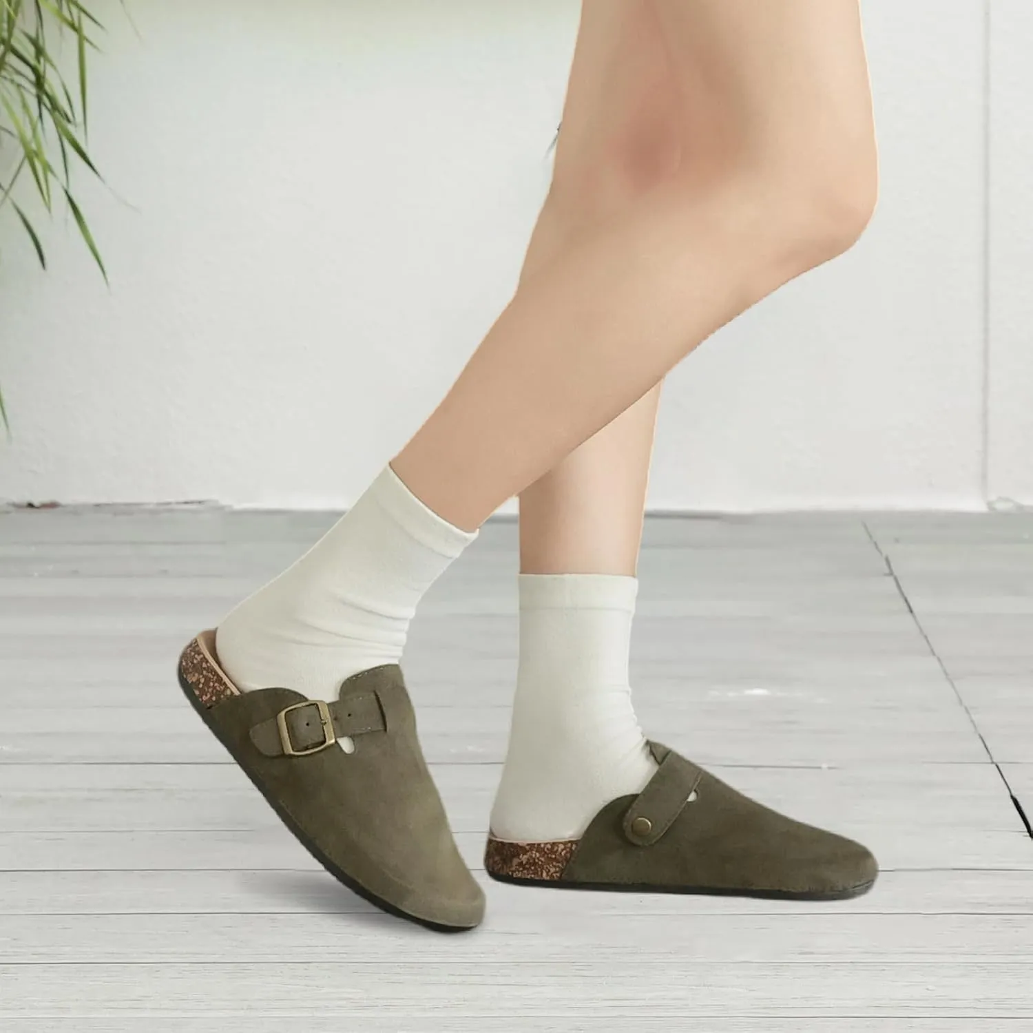 Women's Suede Clogs Mens Leather Mules Comfort Cork Footbed Antislip House Sandals Arch Support Potato Shoes with Adjustable Buckle