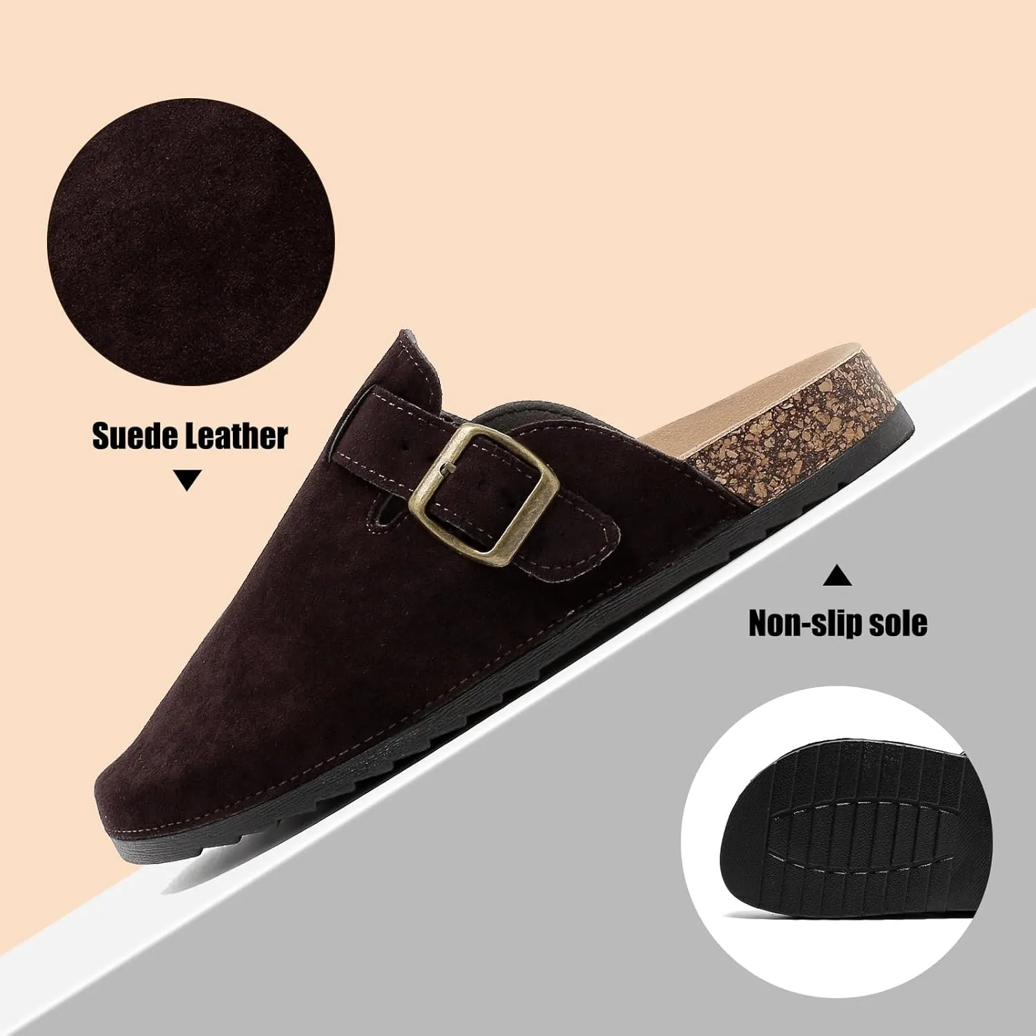 Women's Suede Clogs Mens Leather Mules Comfort Cork Footbed Antislip House Sandals Arch Support Potato Shoes with Adjustable Buckle
