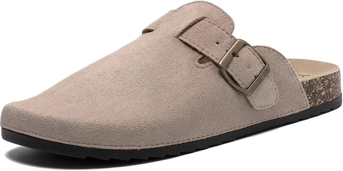Women's Suede Clogs Mens Leather Mules Comfort Cork Footbed Antislip House Sandals Arch Support Potato Shoes with Adjustable Buckle