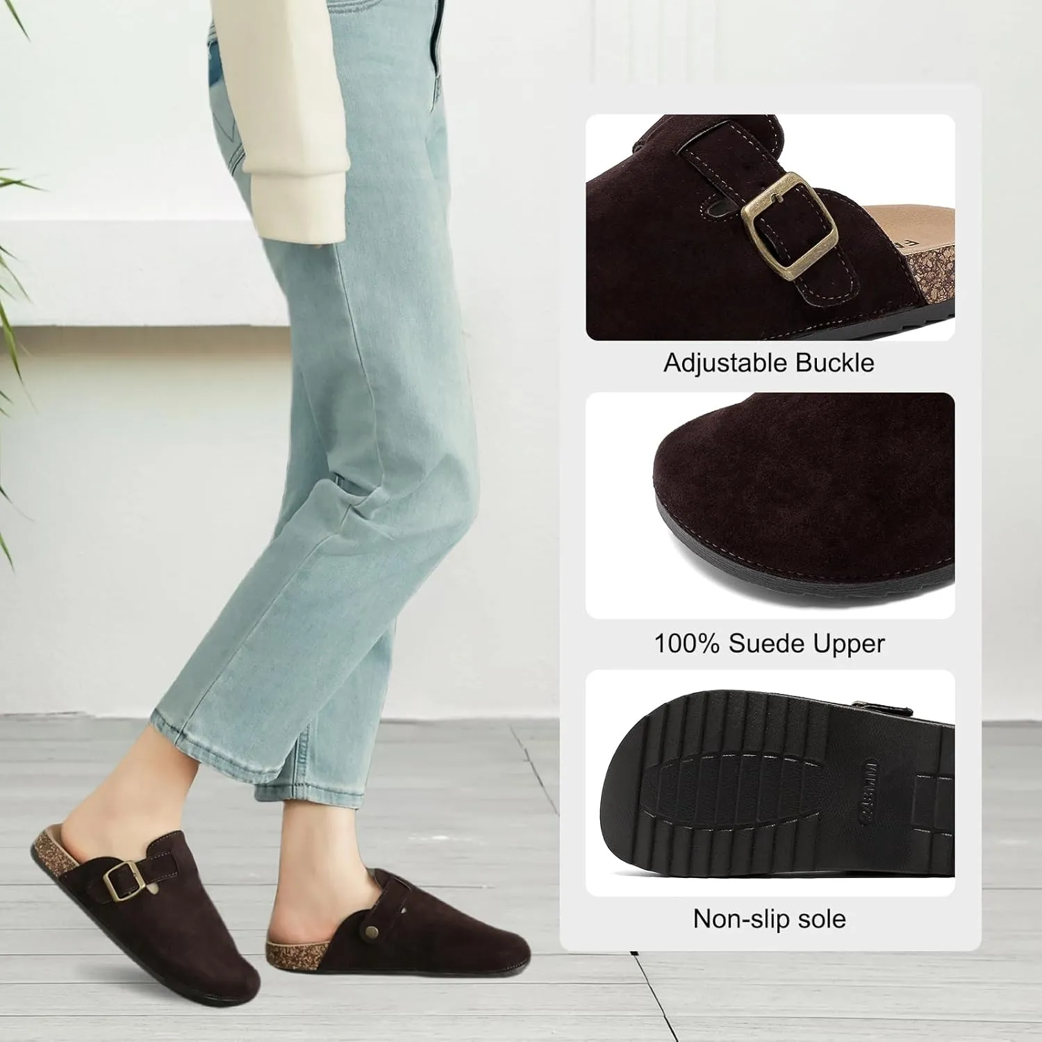 Women's Suede Clogs Mens Leather Mules Comfort Cork Footbed Antislip House Sandals Arch Support Potato Shoes with Adjustable Buckle