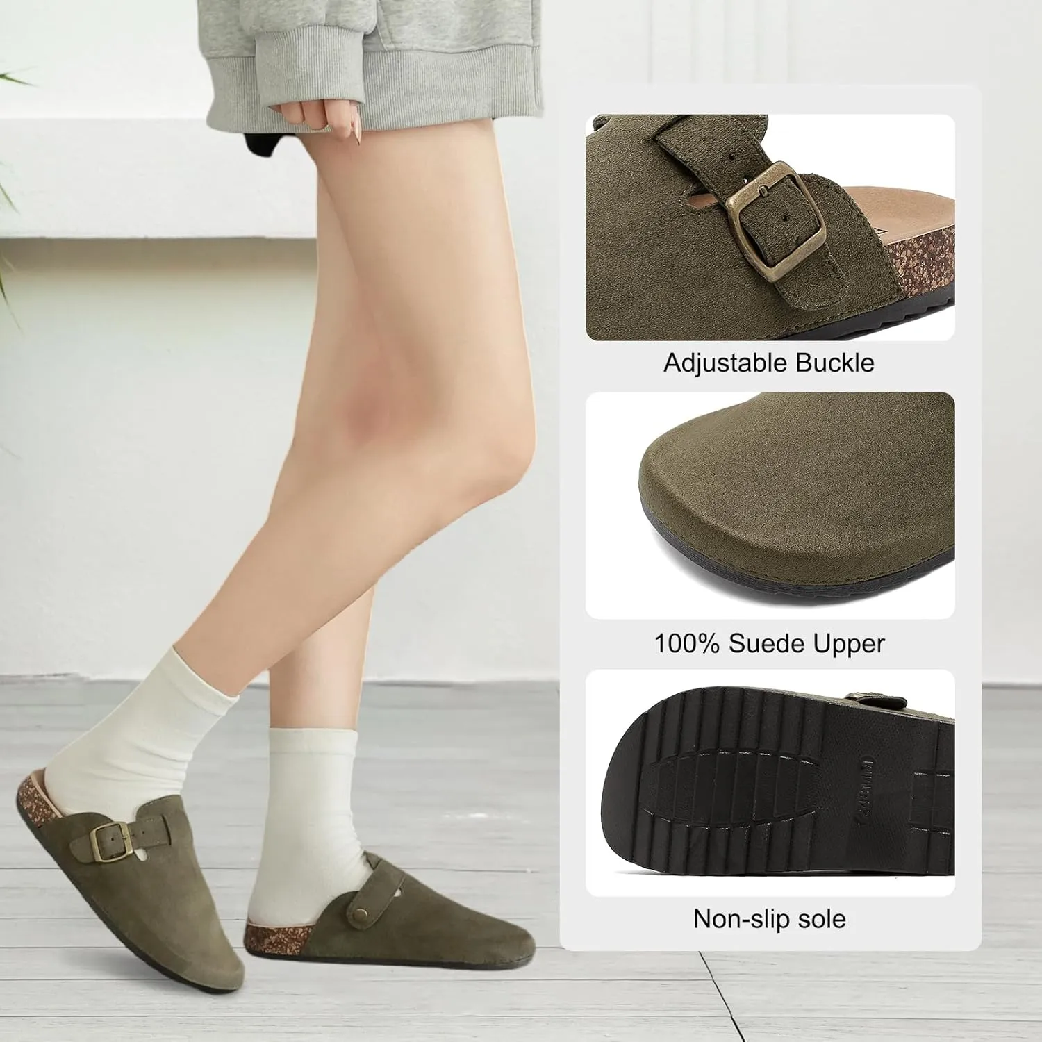 Women's Suede Clogs Mens Leather Mules Comfort Cork Footbed Antislip House Sandals Arch Support Potato Shoes with Adjustable Buckle