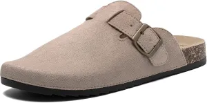 Women's Suede Clogs Mens Leather Mules Comfort Cork Footbed Antislip House Sandals Arch Support Potato Shoes with Adjustable Buckle
