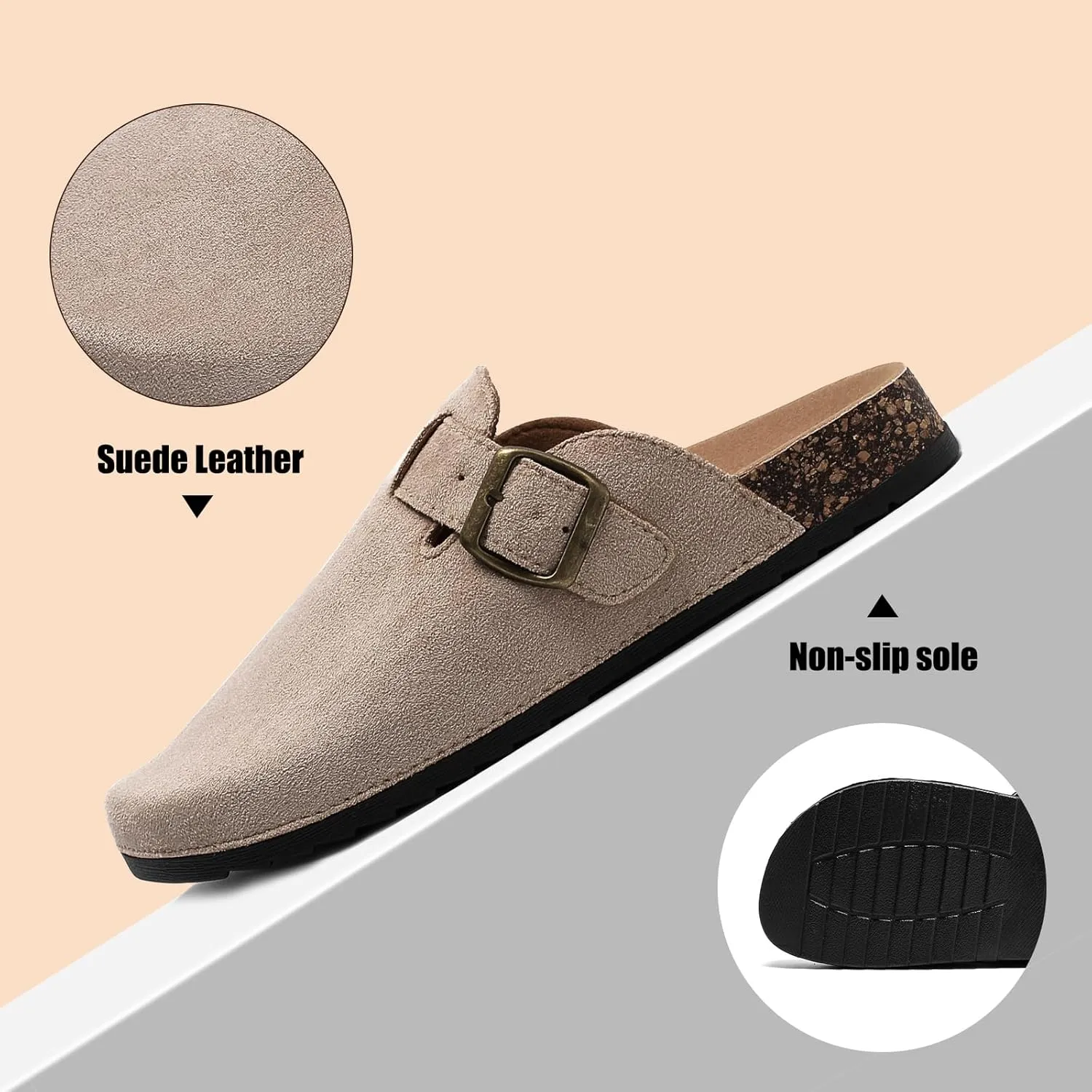 Women's Suede Clogs Mens Leather Mules Comfort Cork Footbed Antislip House Sandals Arch Support Potato Shoes with Adjustable Buckle