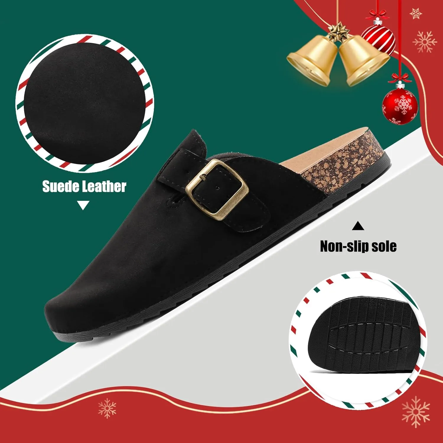 Women's Suede Clogs Mens Leather Mules Comfort Cork Footbed Antislip House Sandals Arch Support Potato Shoes with Adjustable Buckle