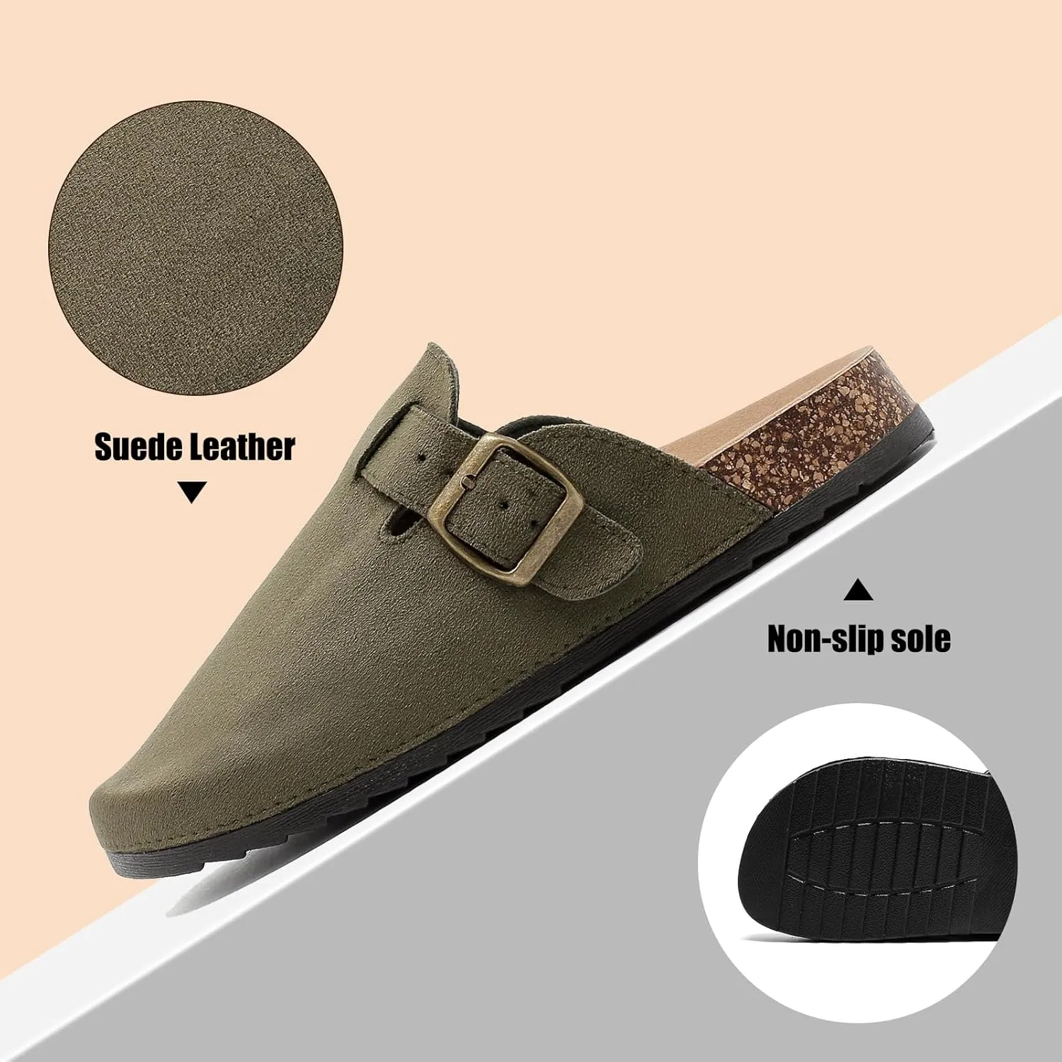 Women's Suede Clogs Mens Leather Mules Comfort Cork Footbed Antislip House Sandals Arch Support Potato Shoes with Adjustable Buckle