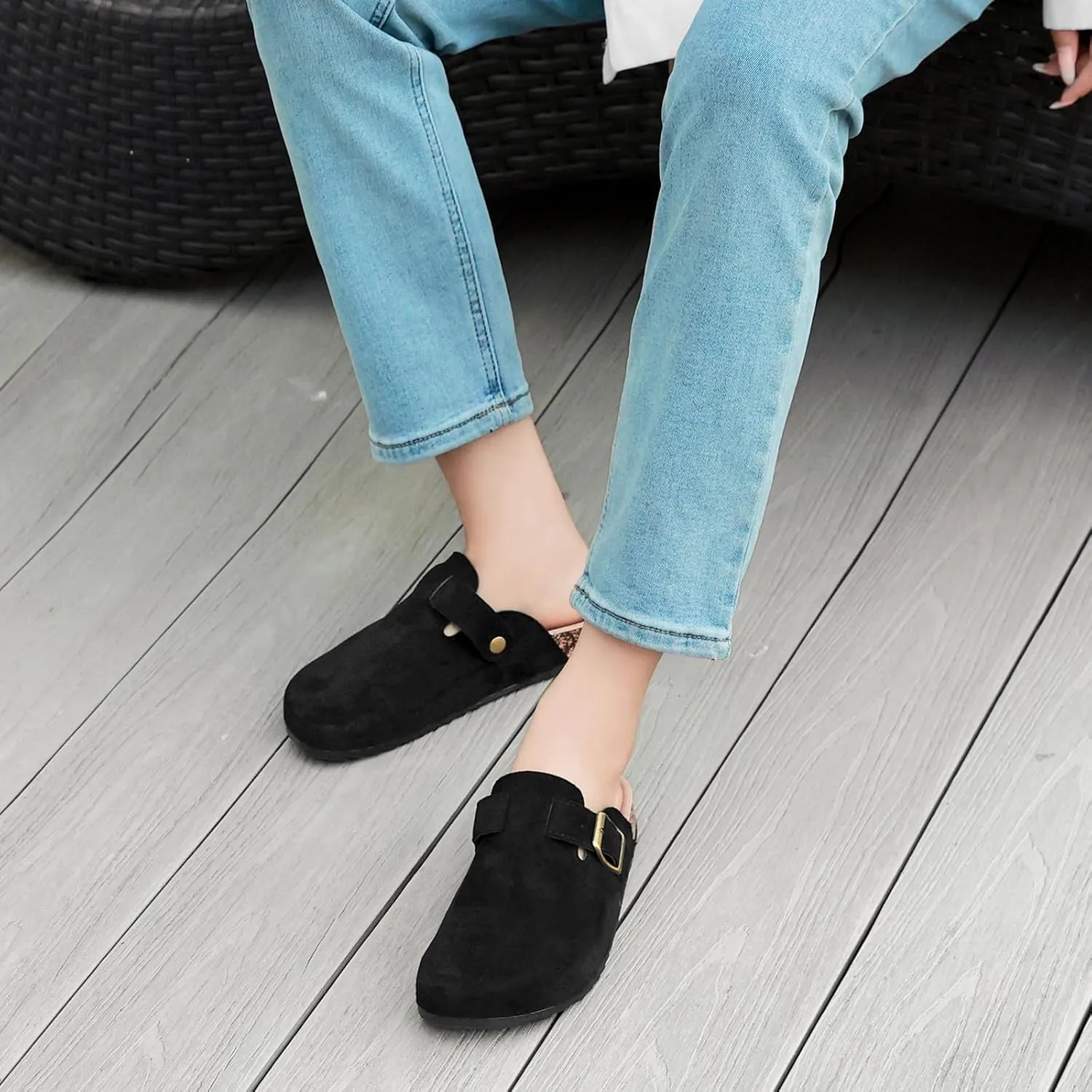 Women's Suede Clogs Mens Leather Mules Comfort Cork Footbed Antislip House Sandals Arch Support Potato Shoes with Adjustable Buckle