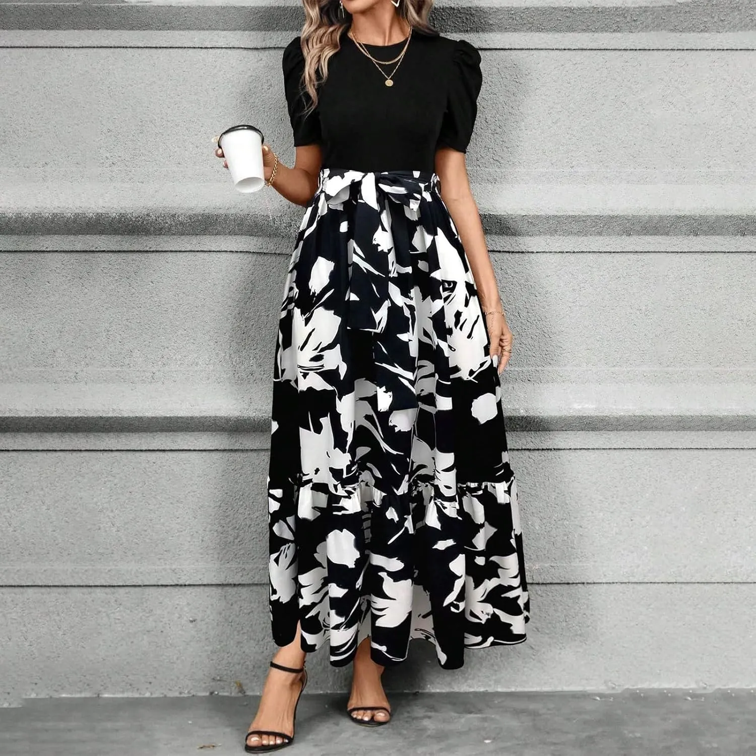 Women's Summer Maxi Dress Casual 2025 Trendy Short Sleeve Long Dresses Ruffle Hem A Line Beach Sundress Flowy Elegant