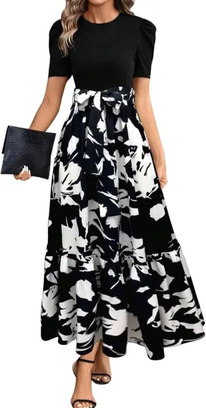 Women's Summer Maxi Dress Casual 2025 Trendy Short Sleeve Long Dresses Ruffle Hem A Line Beach Sundress Flowy Elegant