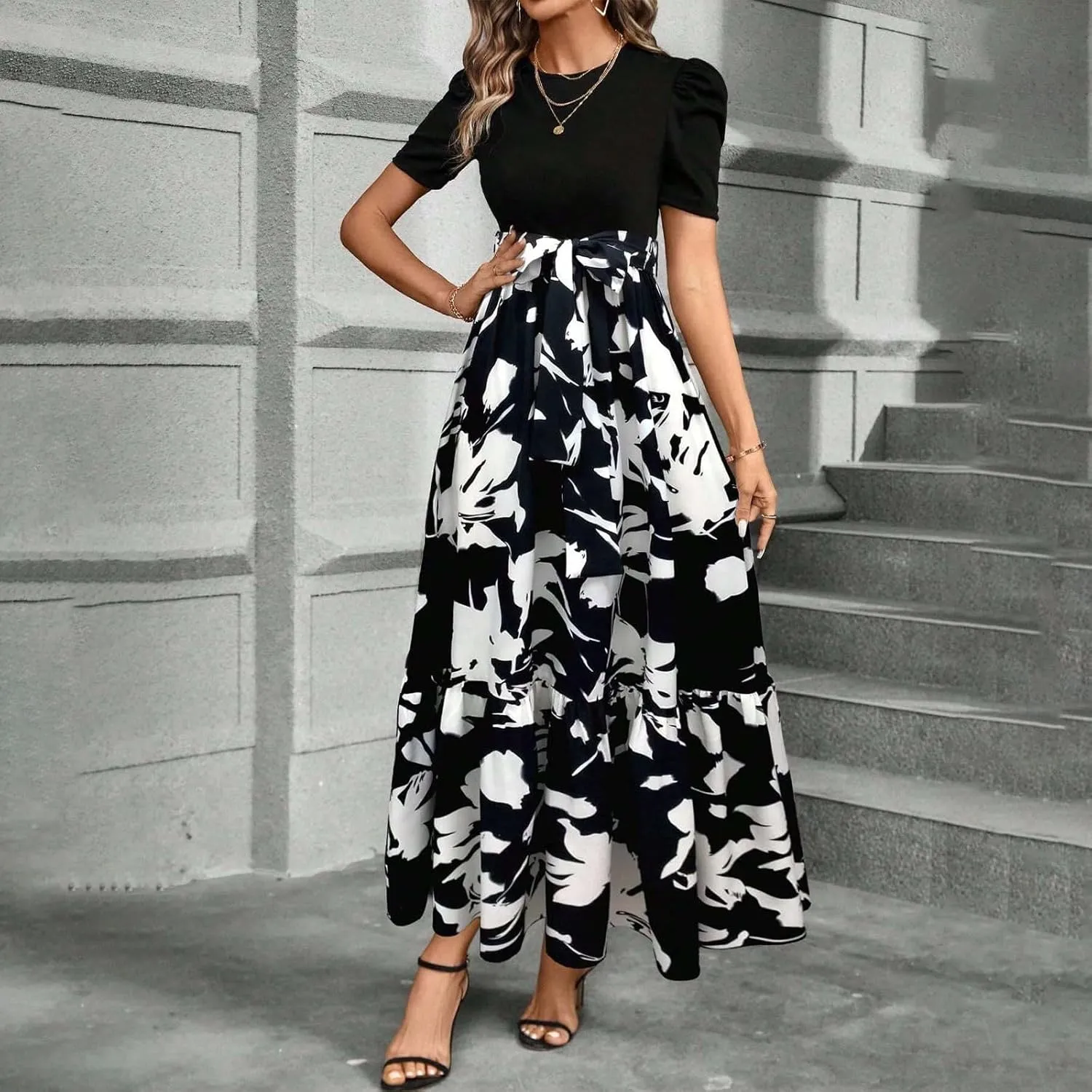 Women's Summer Maxi Dress Casual 2025 Trendy Short Sleeve Long Dresses Ruffle Hem A Line Beach Sundress Flowy Elegant