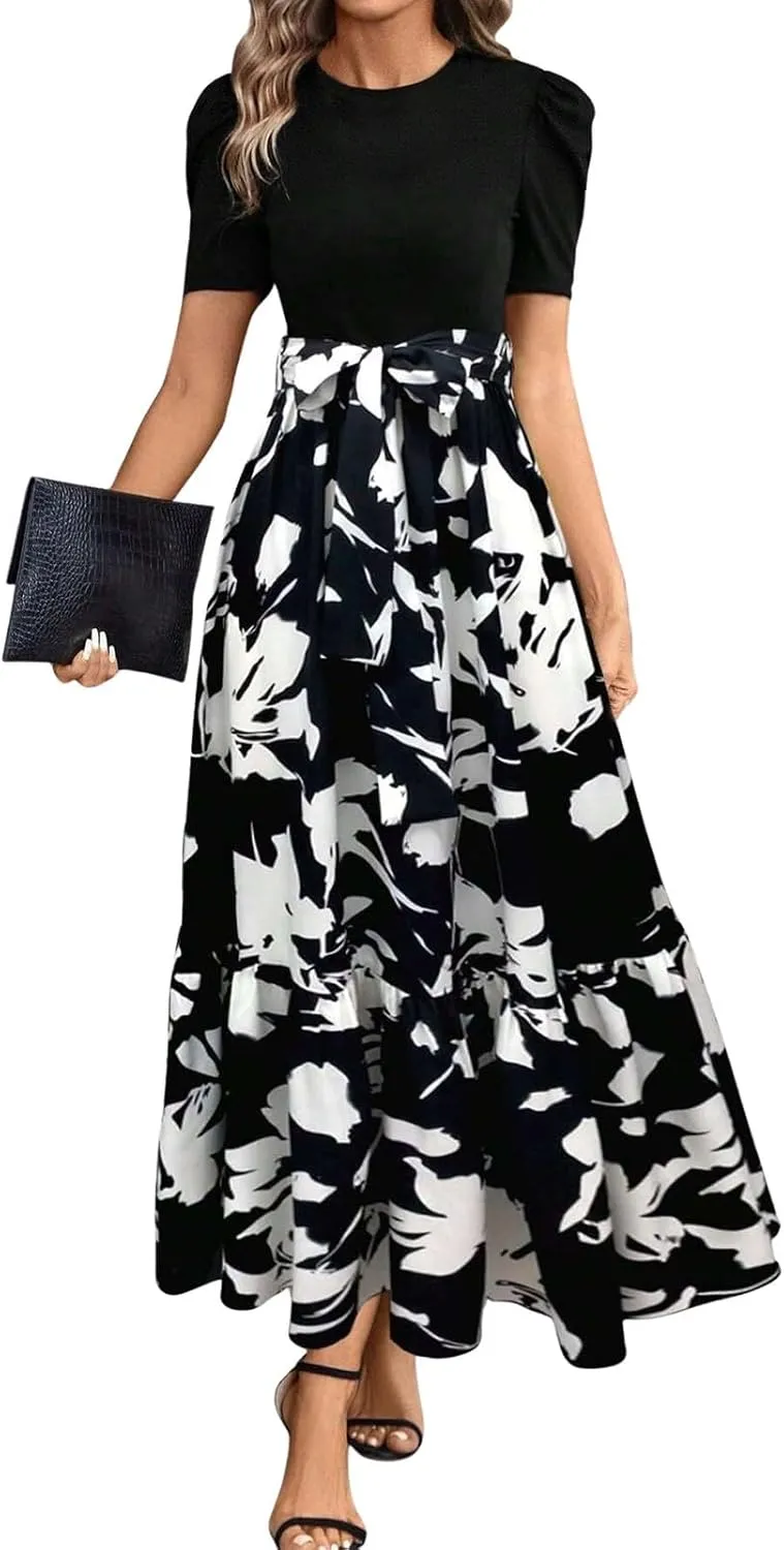 Women's Summer Maxi Dress Casual 2025 Trendy Short Sleeve Long Dresses Ruffle Hem A Line Beach Sundress Flowy Elegant
