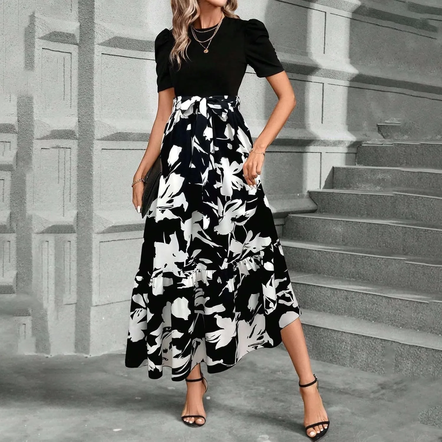 Women's Summer Maxi Dress Casual 2025 Trendy Short Sleeve Long Dresses Ruffle Hem A Line Beach Sundress Flowy Elegant