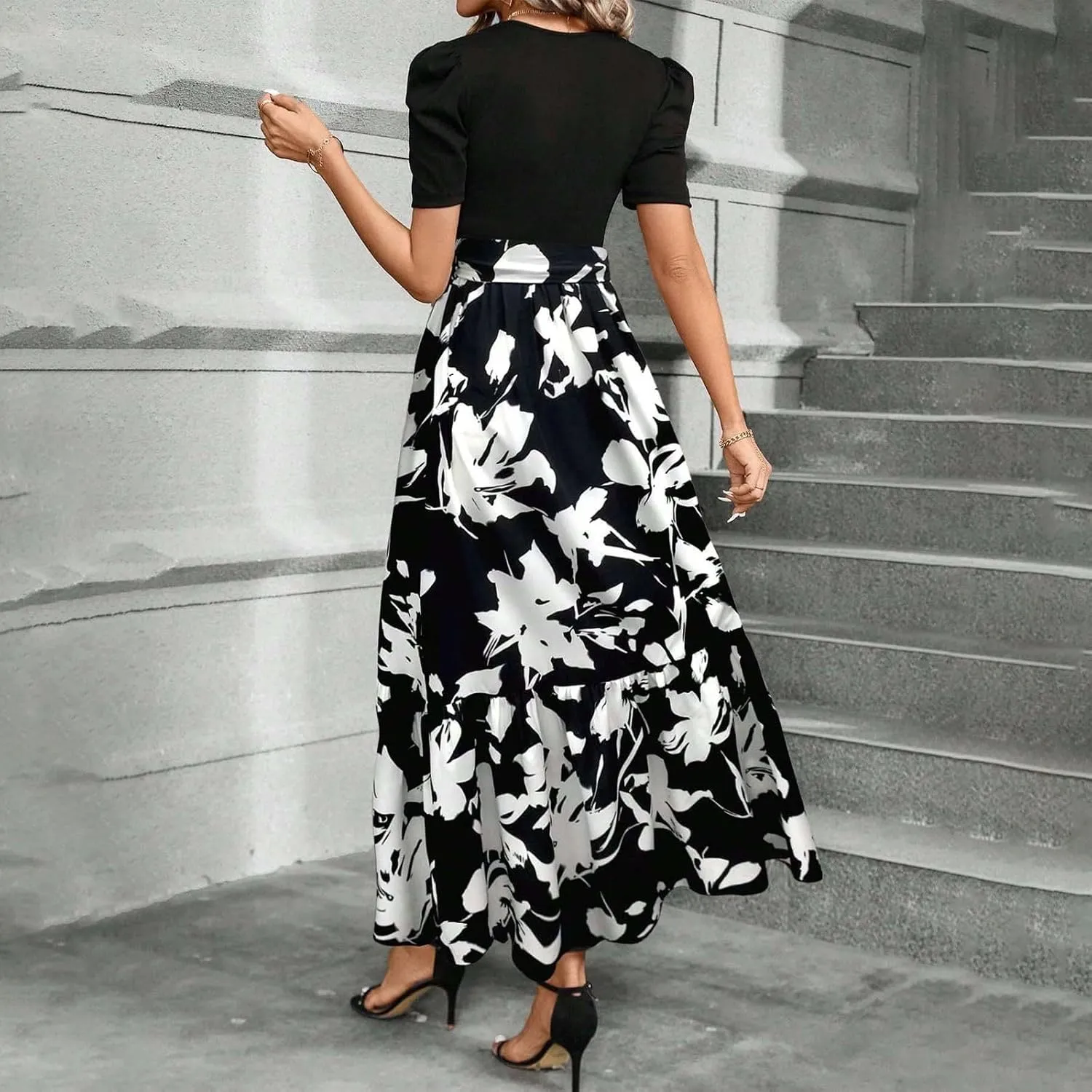 Women's Summer Maxi Dress Casual 2025 Trendy Short Sleeve Long Dresses Ruffle Hem A Line Beach Sundress Flowy Elegant