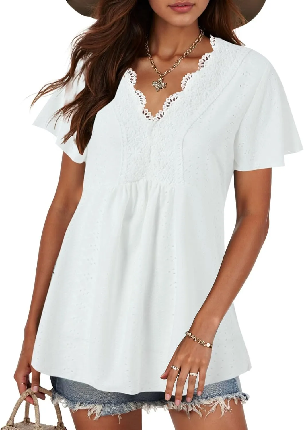 Womens Summer Tops Dressy Casual Babydoll Short Sleeve Shirts Puff Sleeve Peplum V Neck T Shirts Tees 2025