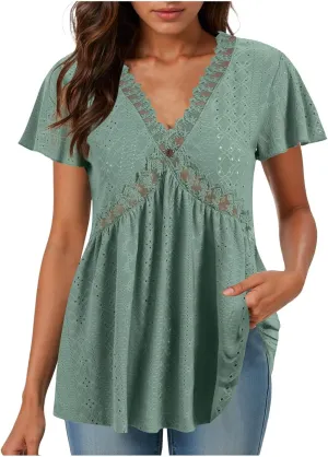 Womens Summer Tops Dressy Casual Babydoll Short Sleeve Shirts Puff Sleeve Peplum V Neck T Shirts Tees 2025