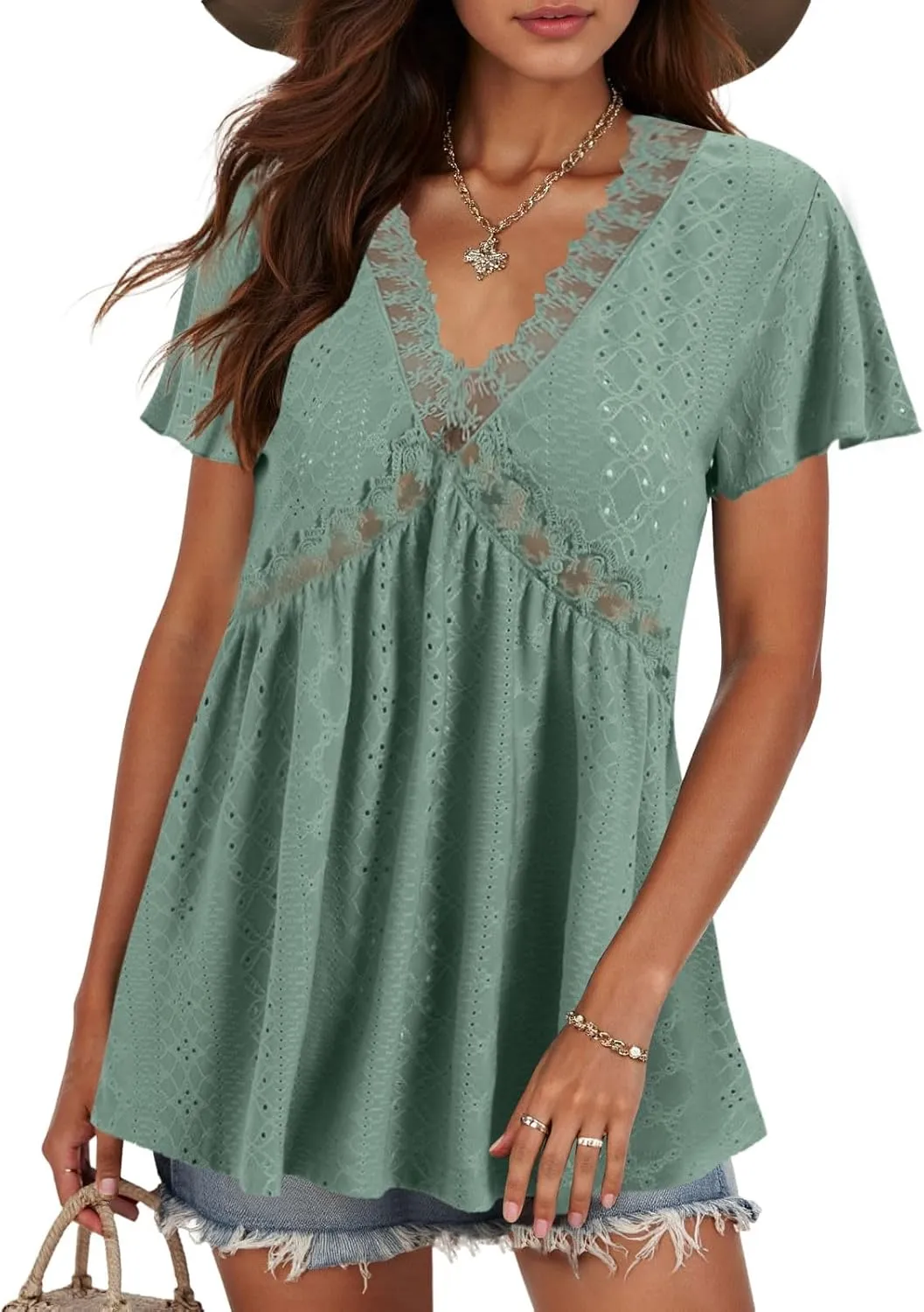 Womens Summer Tops Dressy Casual Babydoll Short Sleeve Shirts Puff Sleeve Peplum V Neck T Shirts Tees 2025
