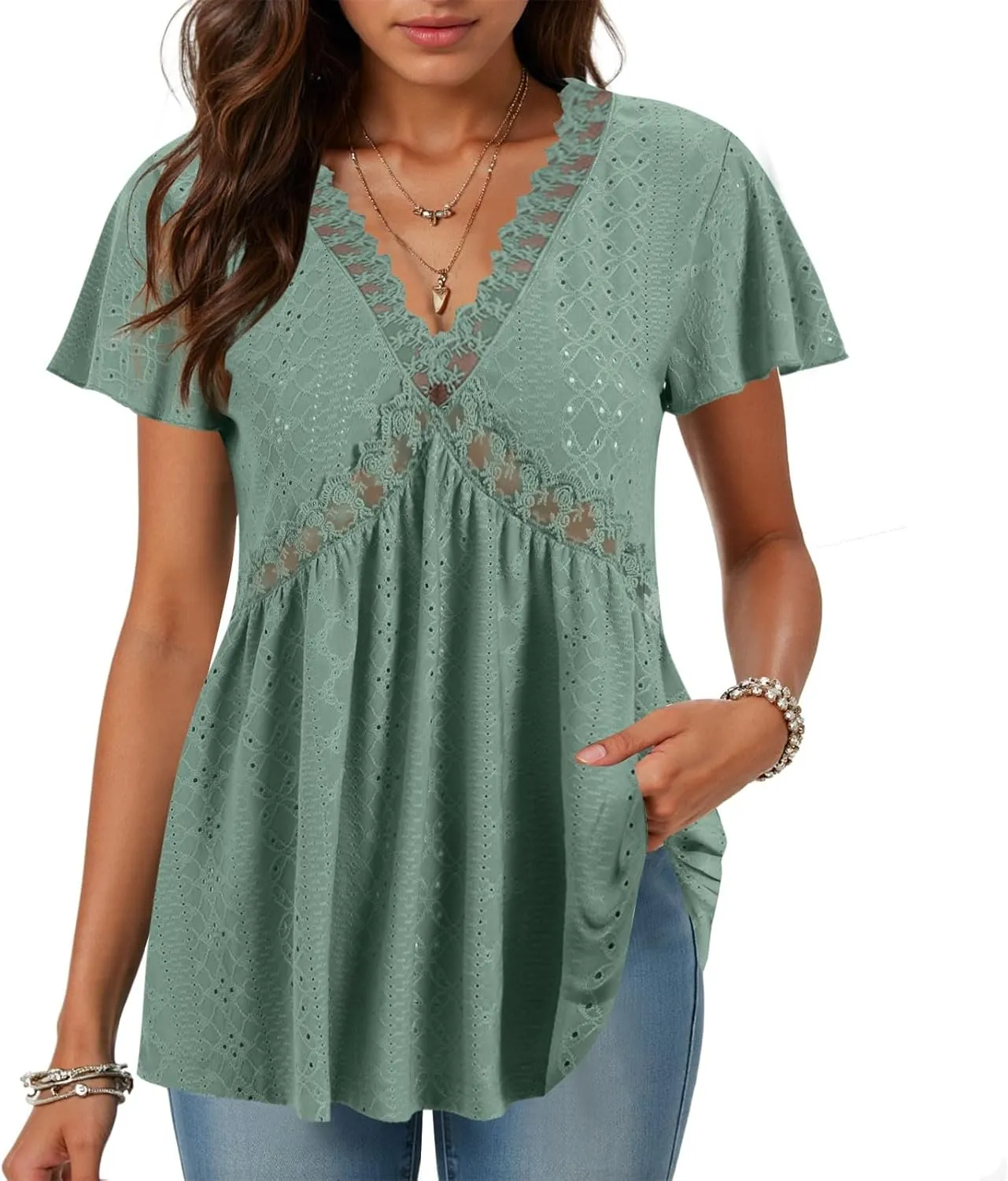 Womens Summer Tops Dressy Casual Babydoll Short Sleeve Shirts Puff Sleeve Peplum V Neck T Shirts Tees 2025