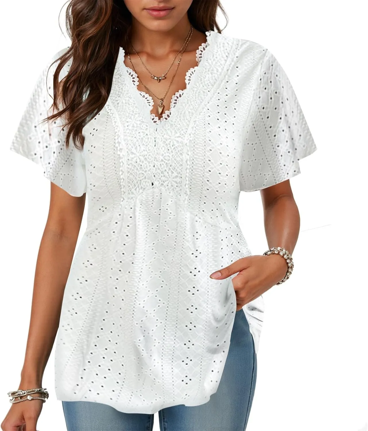 Womens Summer Tops Dressy Casual Babydoll Short Sleeve Shirts Puff Sleeve Peplum V Neck T Shirts Tees 2025