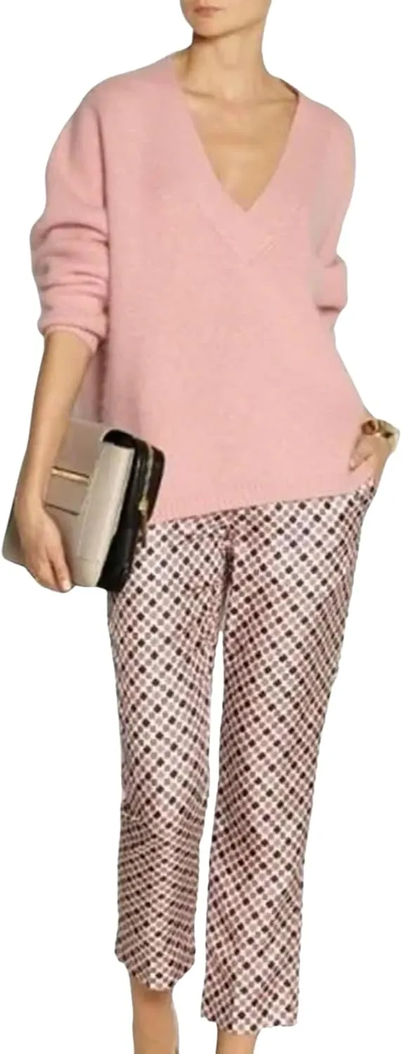 Women's Two Piece Suit Pink Sexy V Neck Long Sleeve Top With Plaid Trousers 2025 Spring Formal Fashion Two Piece Suit